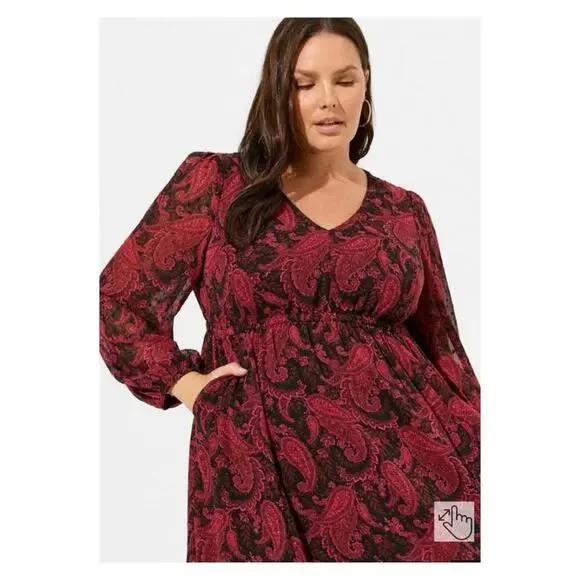 Torrid Burgundy Paisley Clip Dot Tea Length Open Back A-Line Dress Sz.3 NWT